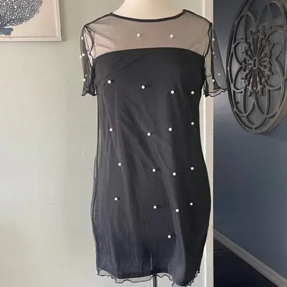 SHEIN Black Mini Dress with White Beads